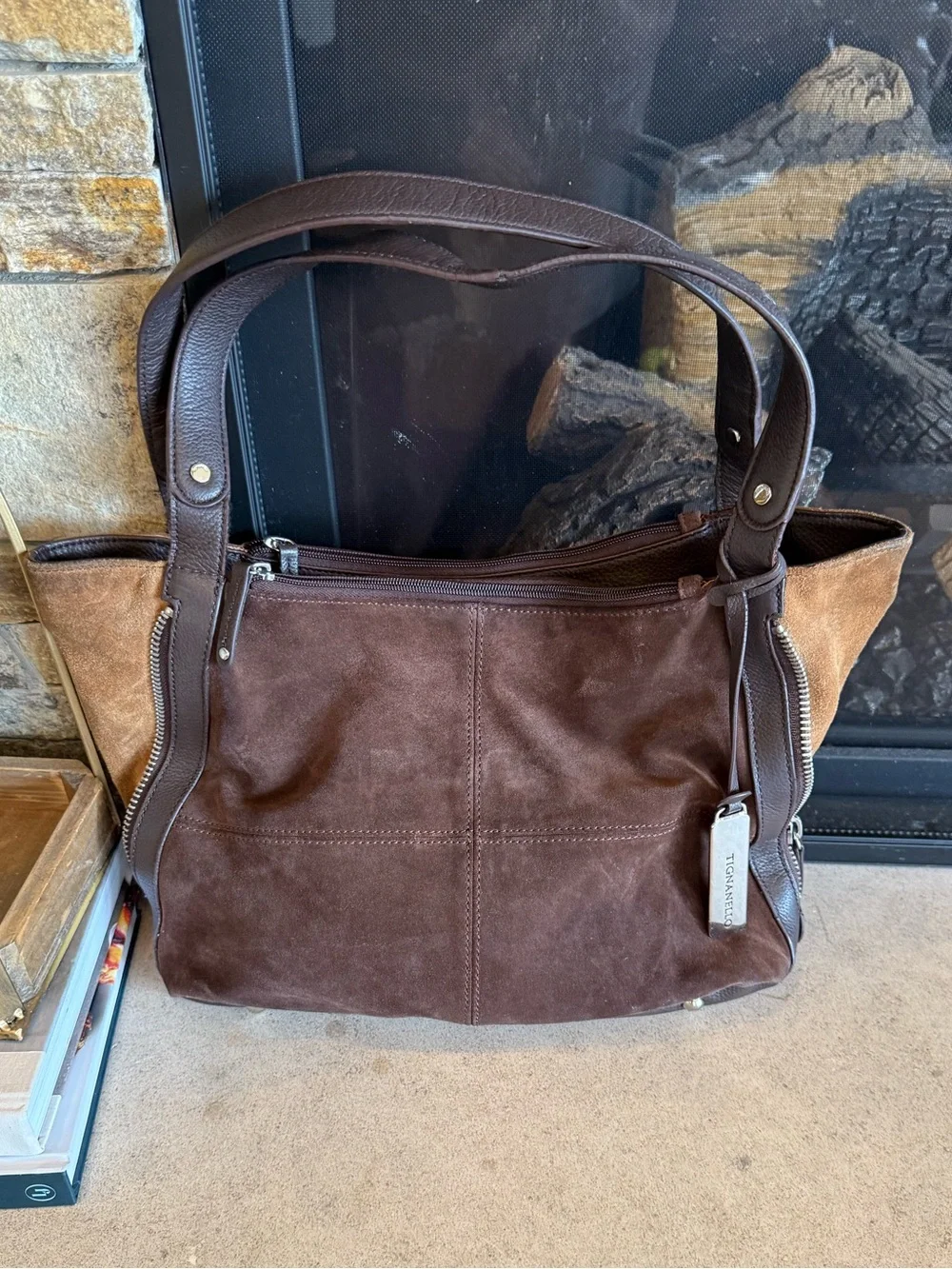 Brown Suede & Leather Hobo Style Bag
